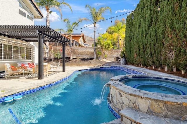 28034 Parkridge Ln, Canyon Country, CA 91387 - view of pool with a pergola, a pool with connected hot tub, a patio, and a fenced backyard