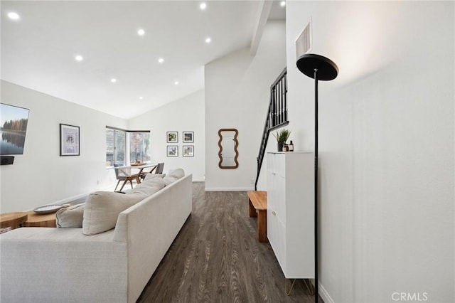 28034 Parkridge Ln, Canyon Country, CA 91387 - living room featuring recessed lighting, dark wood-type flooring, and high vaulted ceiling