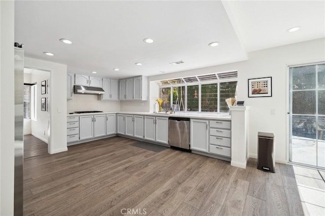28034 Parkridge Ln, Canyon Country, CA 91387 - kitchen with stainless steel dishwasher, under cabinet range hood, wood finished floors, cooktop, and recessed lighting