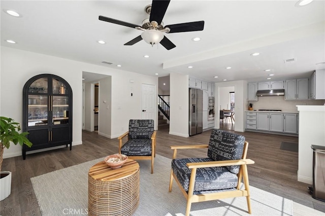 28034 Parkridge Ln, Canyon Country, CA 91387 - living room with stairway, dark wood-style floors, a ceiling fan, and recessed lighting