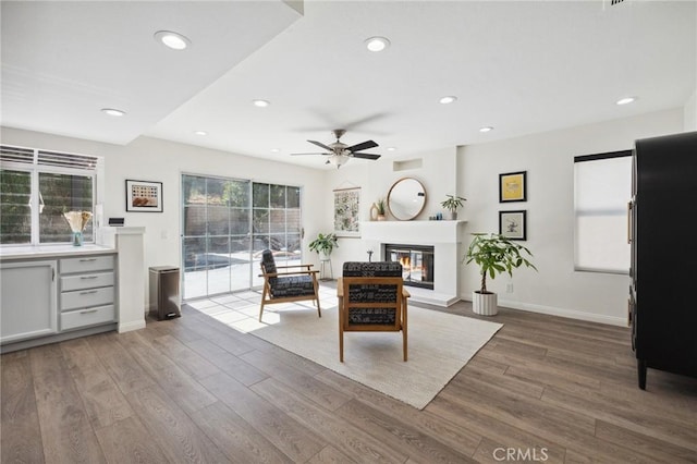 28034 Parkridge Ln, Canyon Country, CA 91387 - living room featuring wood finished floors, ceiling fan, a glass covered fireplace, and recessed lighting