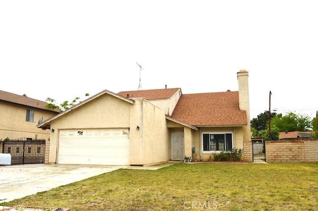 12077 Swegles Ln, Moreno Valley, CA 92557 - view of front facade with a garage, stucco siding, a gate, driveway, and a chimney