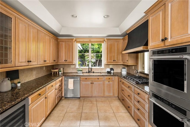 508 Evening Star Ln, Newport Beach, CA 92660 - kitchen featuring beverage cooler, appliances with stainless steel finishes, a sink, premium range hood, and light tile patterned flooring