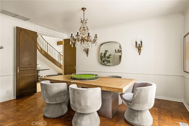 508 Evening Star Ln, Newport Beach, CA 92660 - dining room featuring stairway, baseboards, a chandelier, and ornamental molding