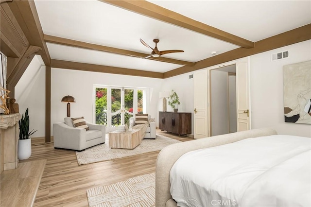 508 Evening Star Ln, Newport Beach, CA 92660 - bedroom with beamed ceiling, light wood-style floors, baseboards, and a ceiling fan