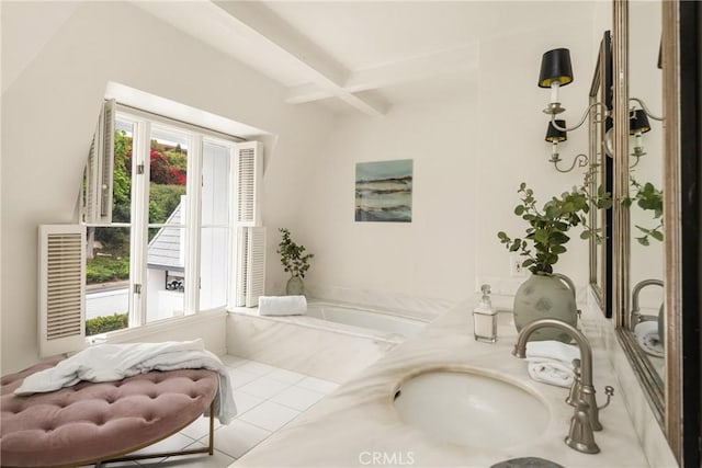 508 Evening Star Ln, Newport Beach, CA 92660 - full bathroom featuring a bath, beam ceiling, vanity, and tile patterned floors