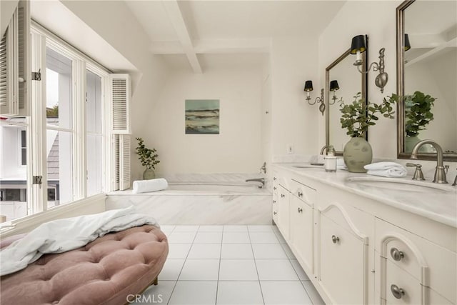 508 Evening Star Ln, Newport Beach, CA 92660 - bathroom with beamed ceiling, a garden tub, double vanity, tile patterned floors, and coffered ceiling