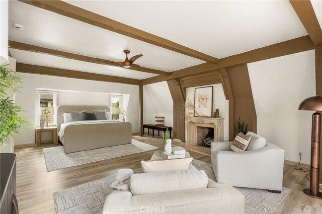 508 Evening Star Ln, Newport Beach, CA 92660 - living area with beam ceiling, ceiling fan, light wood-type flooring, baseboards, and a fireplace