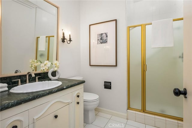 508 Evening Star Ln, Newport Beach, CA 92660 - bathroom featuring a stall shower, vanity, toilet, tile patterned floors, and baseboards