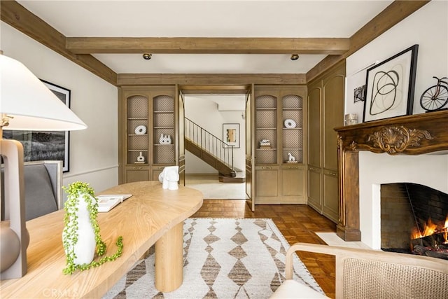 508 Evening Star Ln, Newport Beach, CA 92660 - office space with a fireplace with flush hearth and beamed ceiling