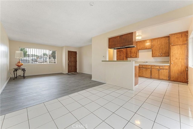 4820 Eagle St, Los Angeles, CA 90022 - kitchen featuring light wood-style flooring, light countertops, a sink, brown cabinets, and a textured ceiling