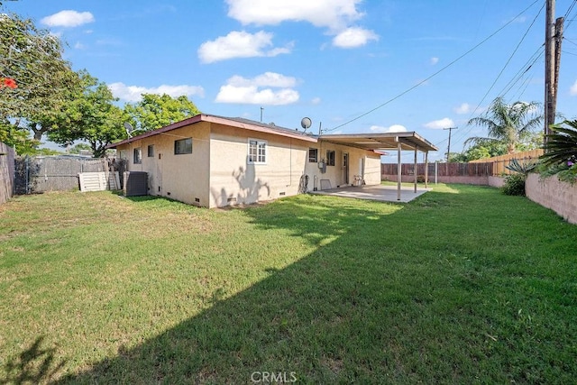 5150 N Berkeley Ave, San Bernardino, CA 92407 - rear view of house with crawl space, a patio, a fenced backyard, and stucco siding