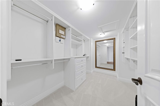 25811 Jamon Ln, Mission Viejo, CA 92691 - walk in closet featuring light carpet and attic access