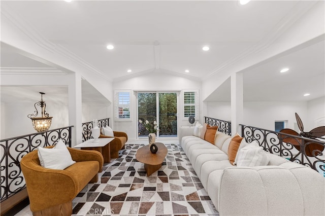 25811 Jamon Ln, Mission Viejo, CA 92691 - living room with lofted ceiling, a chandelier, ornamental molding, and recessed lighting