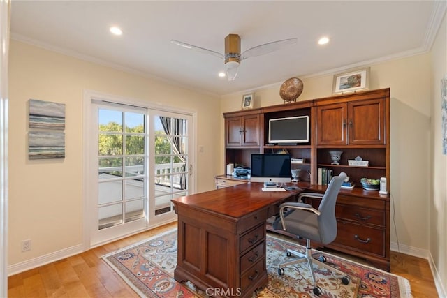 2136 W Gaucho Dr, Rancho Palos Verdes, CA 90275 - office area with ceiling fan, light wood-style floors, baseboards, crown molding, and recessed lighting