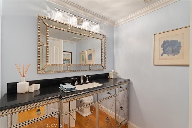 2136 W Gaucho Dr, Rancho Palos Verdes, CA 90275 - bathroom with vanity, ornamental molding, and wood finished floors