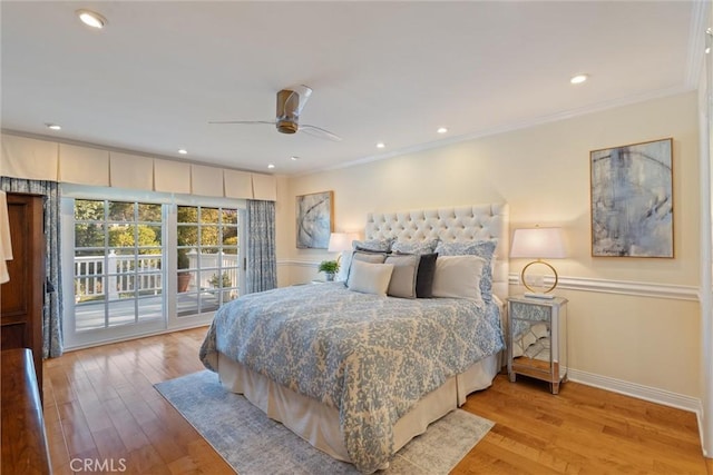 2136 W Gaucho Dr, Rancho Palos Verdes, CA 90275 - bedroom featuring access to outside, baseboards, light wood-style floors, ornamental molding, and recessed lighting