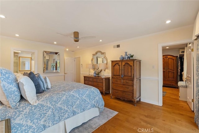 2136 W Gaucho Dr, Rancho Palos Verdes, CA 90275 - bedroom with light wood-style flooring, crown molding, recessed lighting, ceiling fan, and baseboards