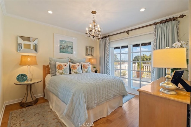 2136 W Gaucho Dr, Rancho Palos Verdes, CA 90275 - bedroom with access to exterior, light wood finished floors, a chandelier, crown molding, and recessed lighting