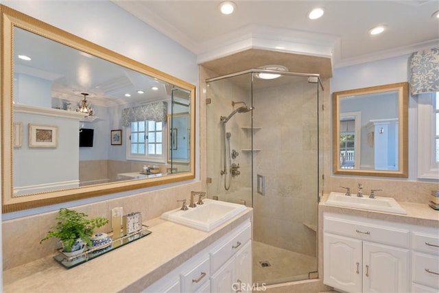 2136 W Gaucho Dr, Rancho Palos Verdes, CA 90275 - full bath with ornamental molding, a shower stall, two vanities, recessed lighting, and a chandelier