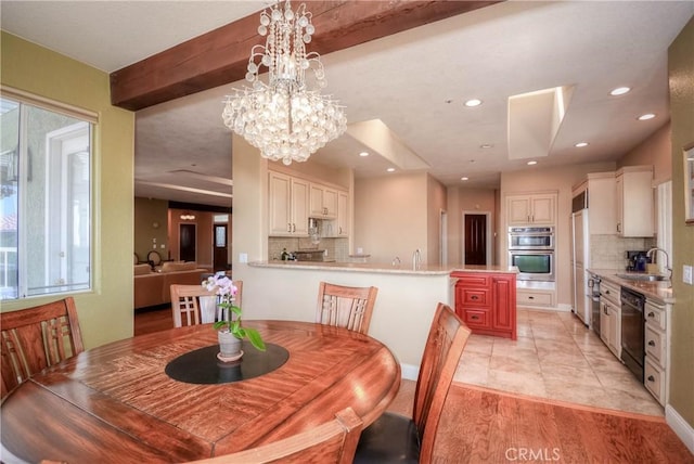 8140 Del Ct, Phelan, CA 92371 - dining space featuring beamed ceiling, recessed lighting, light wood-style floors, and a chandelier