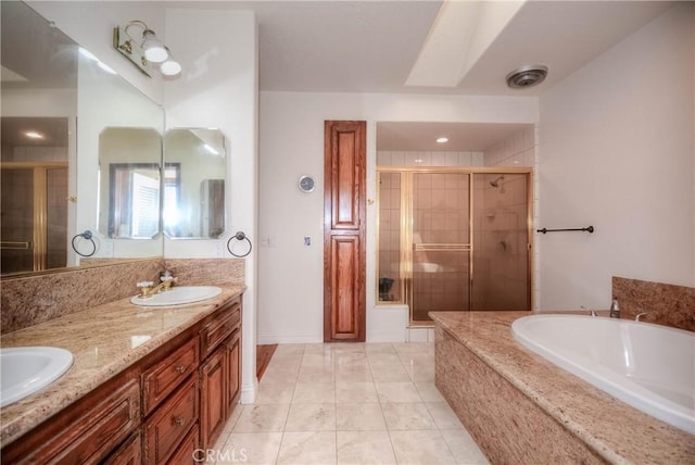 8140 Del Ct, Phelan, CA 92371 - full bathroom featuring a garden tub, a stall shower, double vanity, and tile patterned flooring