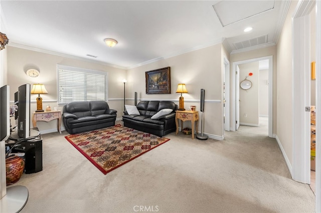 16848 Morning Glory Ct, Chino Hills, CA 91709 - carpeted living area featuring attic access, ornamental molding, and baseboards