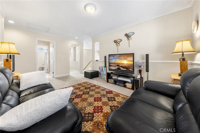 16848 Morning Glory Ct, Chino Hills, CA 91709 - living area with attic access, carpet flooring, recessed lighting, ornamental molding, and baseboards