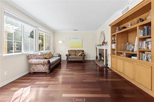 16848 Morning Glory Ct, Chino Hills, CA 91709 - living area with crown molding, dark wood-style flooring, baseboards, and a fireplace