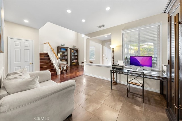 16848 Morning Glory Ct, Chino Hills, CA 91709 - living area with stairway, tile patterned floors, baseboards, and recessed lighting