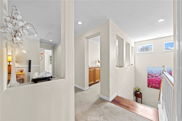 16848 Morning Glory Ct, Chino Hills, CA 91709 - corridor with light colored carpet, ornamental molding, baseboards, and recessed lighting