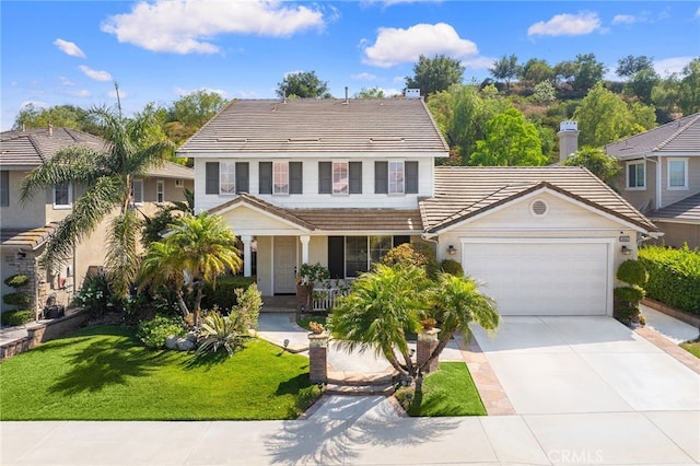 16848 Morning Glory Ct, Chino Hills, CA 91709 - traditional-style home with a tiled roof, an attached garage, driveway, a front lawn, and covered porch