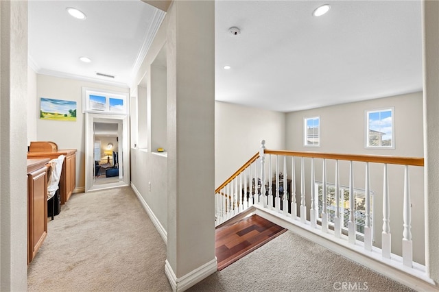 16848 Morning Glory Ct, Chino Hills, CA 91709 - corridor featuring crown molding, carpet, an upstairs landing, recessed lighting, and baseboards