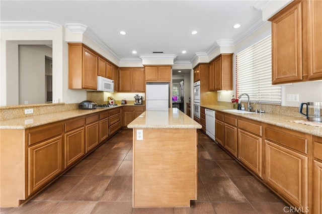 16848 Morning Glory Ct, Chino Hills, CA 91709 - kitchen with a sink, white appliances, crown molding, light stone counters, and a center island