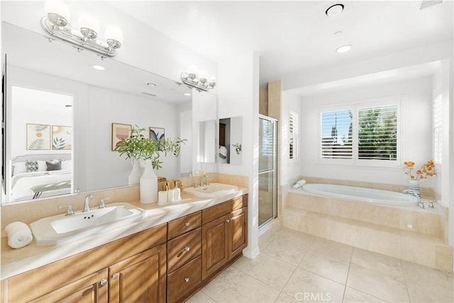 20010 Livorno Ln, Yorba Linda, CA 92886 - bathroom with a bath, double vanity, a stall shower, tile patterned flooring, and recessed lighting