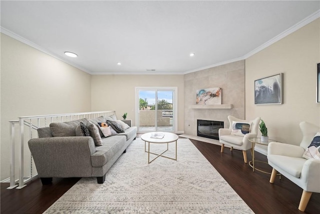 1845 Plaza Del Amo Unit C, Torrance, CA 90501 - living area with dark wood finished floors, ornamental molding, a fireplace, and recessed lighting