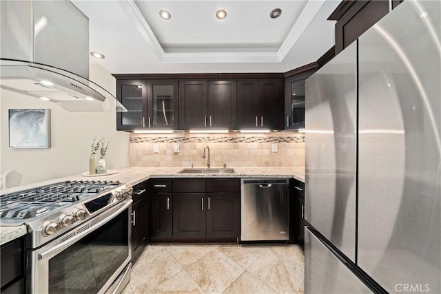 1845 Plaza Del Amo Unit C, Torrance, CA 90501 - kitchen with stainless steel appliances, island range hood, backsplash, light stone countertops, and glass insert cabinets