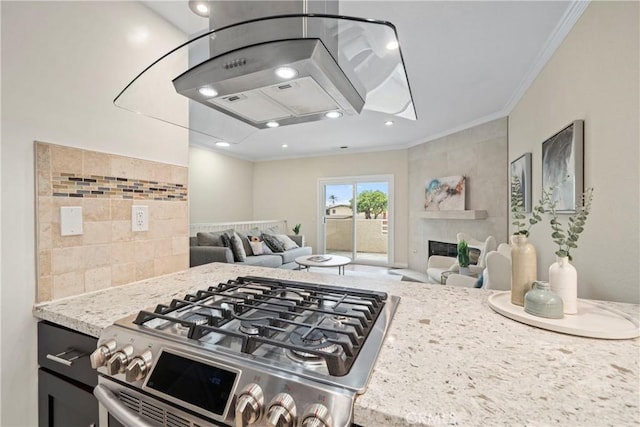 1845 Plaza Del Amo Unit C, Torrance, CA 90501 - kitchen featuring gas stove, open floor plan, ornamental molding, light stone countertops, and recessed lighting