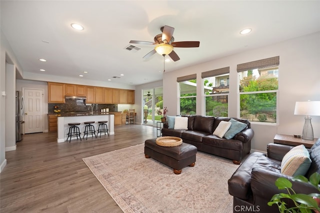 28978 Williston Ct, Temecula, CA 92591 - living room featuring recessed lighting, a ceiling fan, and light wood-style flooring