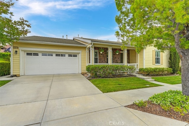 28978 Williston Ct, Temecula, CA 92591 - ranch-style house with a porch, a garage, driveway, and a front lawn