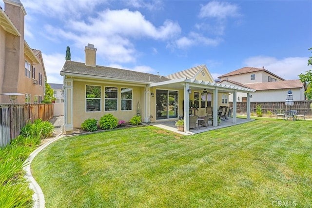 28978 Williston Ct, Temecula, CA 92591 - rear view of property with a chimney, a fenced backyard, a patio area, and ceiling fan