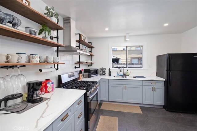 108 Bennett Ave, Long Beach, CA 90803 - kitchen with appliances with stainless steel finishes, open shelves, light stone counters, gray cabinets, and recessed lighting
