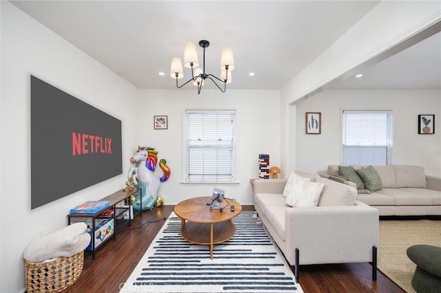108 Bennett Ave, Long Beach, CA 90803 - living room with a chandelier, healthy amount of natural light, dark wood-style flooring, and recessed lighting