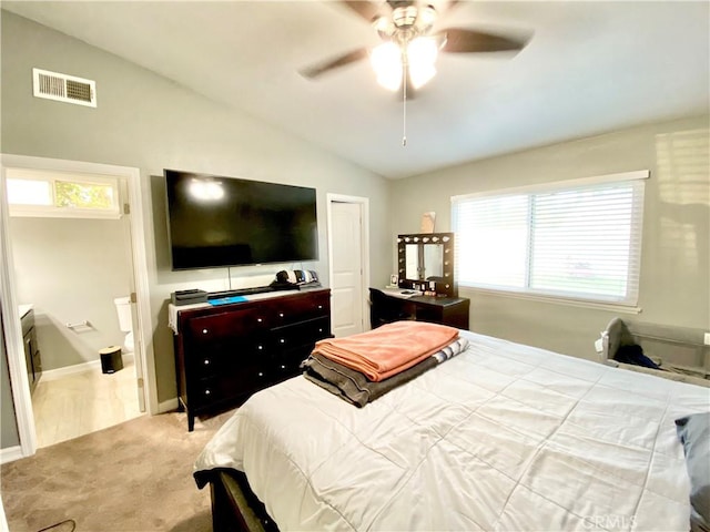 743 N Beechwood Ave, Rialto, CA 92376 - bedroom featuring lofted ceiling, carpet floors, a ceiling fan, and connected bathroom
