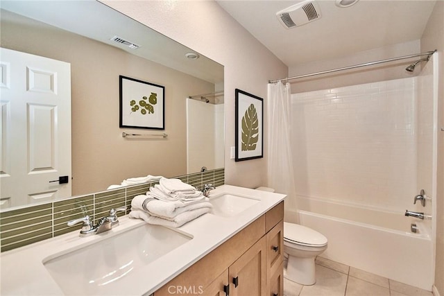 3430 E Foxglove Way, Ontario, CA 91761 - bathroom featuring toilet, shower / bath combo with shower curtain, double vanity, and tile patterned floors