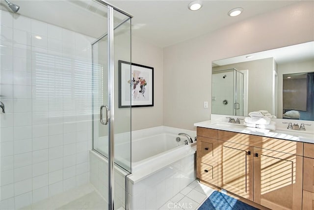 3430 E Foxglove Way, Ontario, CA 91761 - bathroom with a shower stall, vanity, a garden tub, tile patterned flooring, and recessed lighting
