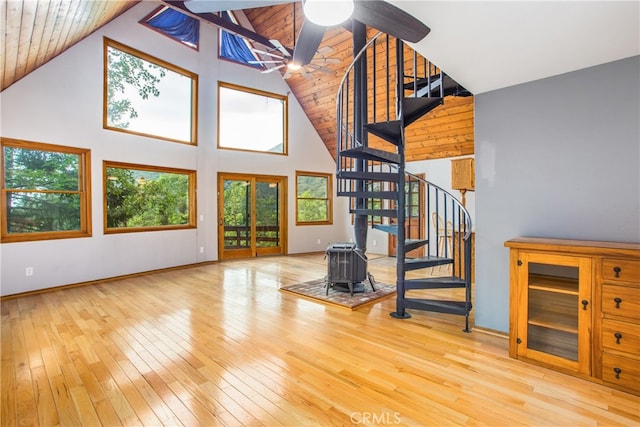 6429 Cedar Ave, Angelus Oaks, CA 92305 - unfurnished living room featuring high vaulted ceiling, a ceiling fan, stairway, hardwood / wood-style flooring, and wooden ceiling