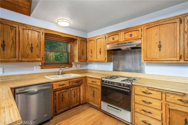 6429 Cedar Ave, Angelus Oaks, CA 92305 - kitchen featuring stainless steel dishwasher, under cabinet range hood, range with gas stovetop, light countertops, and a sink