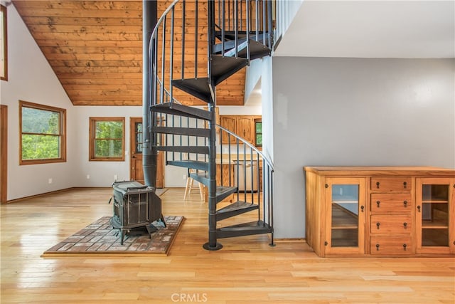 6429 Cedar Ave, Angelus Oaks, CA 92305 - stairs with a wood stove, wood finished floors, high vaulted ceiling, and baseboards
