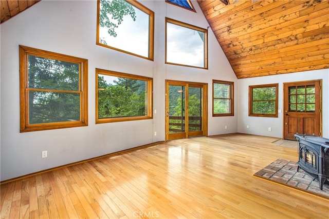 6429 Cedar Ave, Angelus Oaks, CA 92305 - unfurnished living room featuring a wood stove, high vaulted ceiling, light wood-style floors, healthy amount of natural light, and wood ceiling